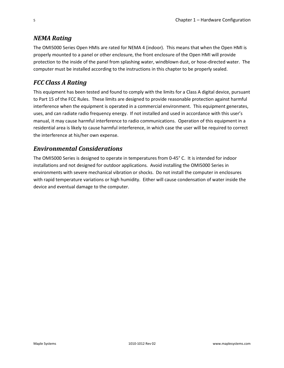 Nema rating, Fcc class a rating, Environmental considerations | Maple Systems OMI5100A-CE User Manual | Page 9 / 38