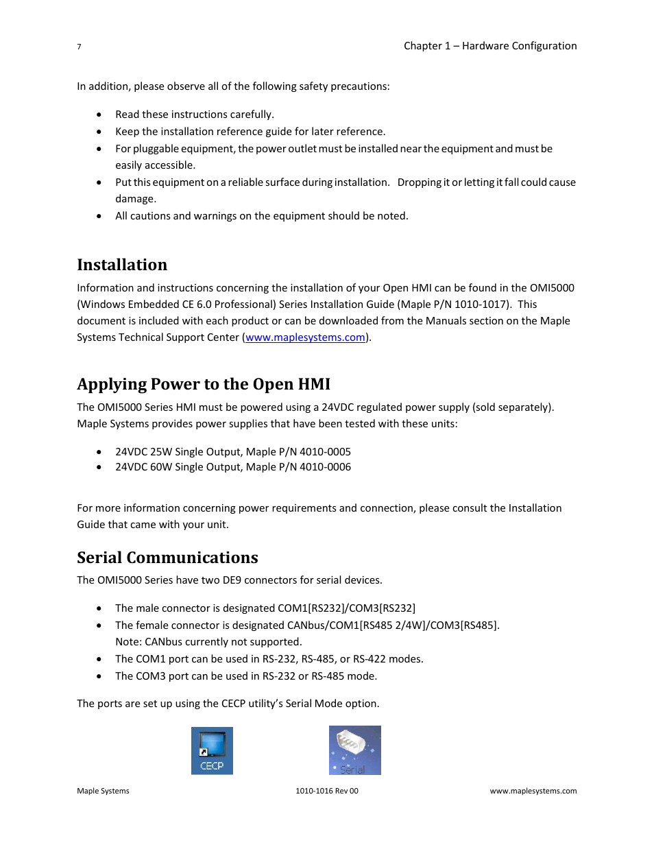 Installation, Applying power to the open hmi, Serial communications | Maple Systems Windows CE Embedded 6.0 Professional Edition User Manual | Page 11 / 40