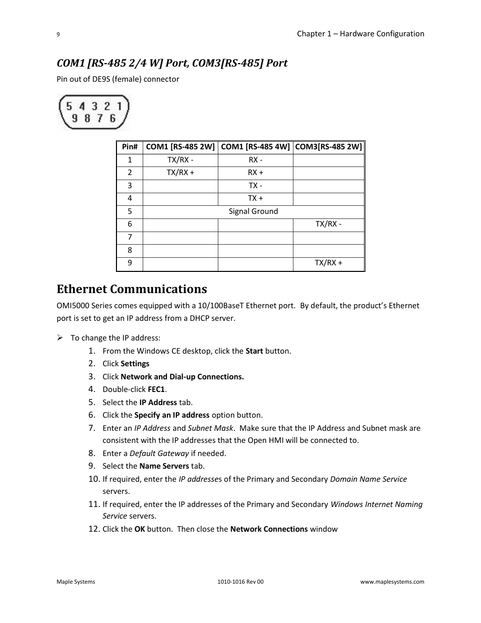 Com1 [rs-485 2/4 w] port, com3[rs-485] port, Ethernet communications | Maple Systems Windows CE Embedded 6.0 Professional Edition User Manual | Page 13 / 40