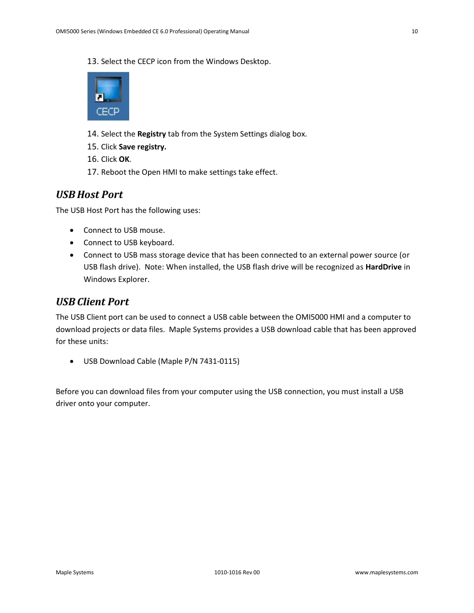 Usb host port, Usb client port | Maple Systems Windows CE Embedded 6.0 Professional Edition User Manual | Page 14 / 40