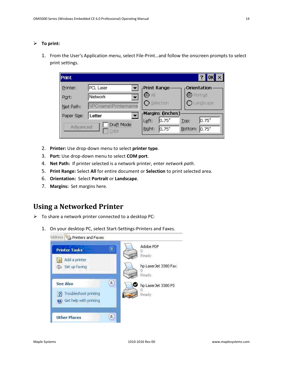 Using a networked printer | Maple Systems Windows CE Embedded 6.0 Professional Edition User Manual | Page 18 / 40