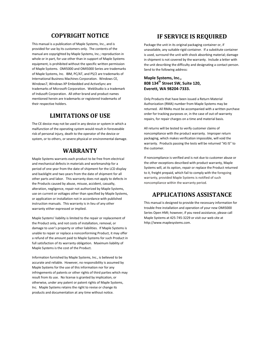 Copyright notice, Limitations of use, Warranty | If service is required, Applications assistance | Maple Systems Windows CE Embedded 6.0 Professional Edition User Manual | Page 2 / 40