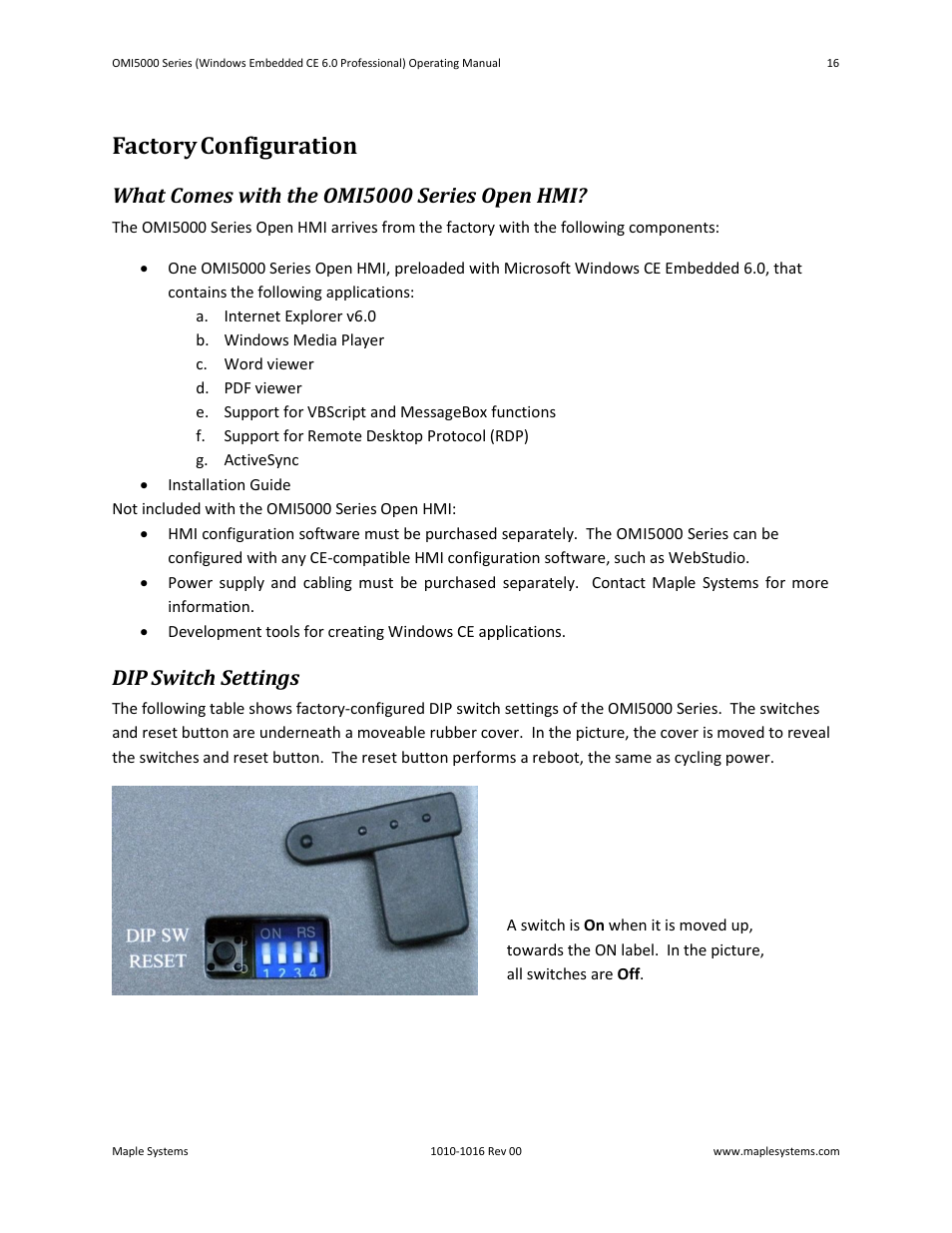 Factory configuration, What comes with the omi5000 series open hmi, Dip switch settings | Maple Systems Windows CE Embedded 6.0 Professional Edition User Manual | Page 20 / 40