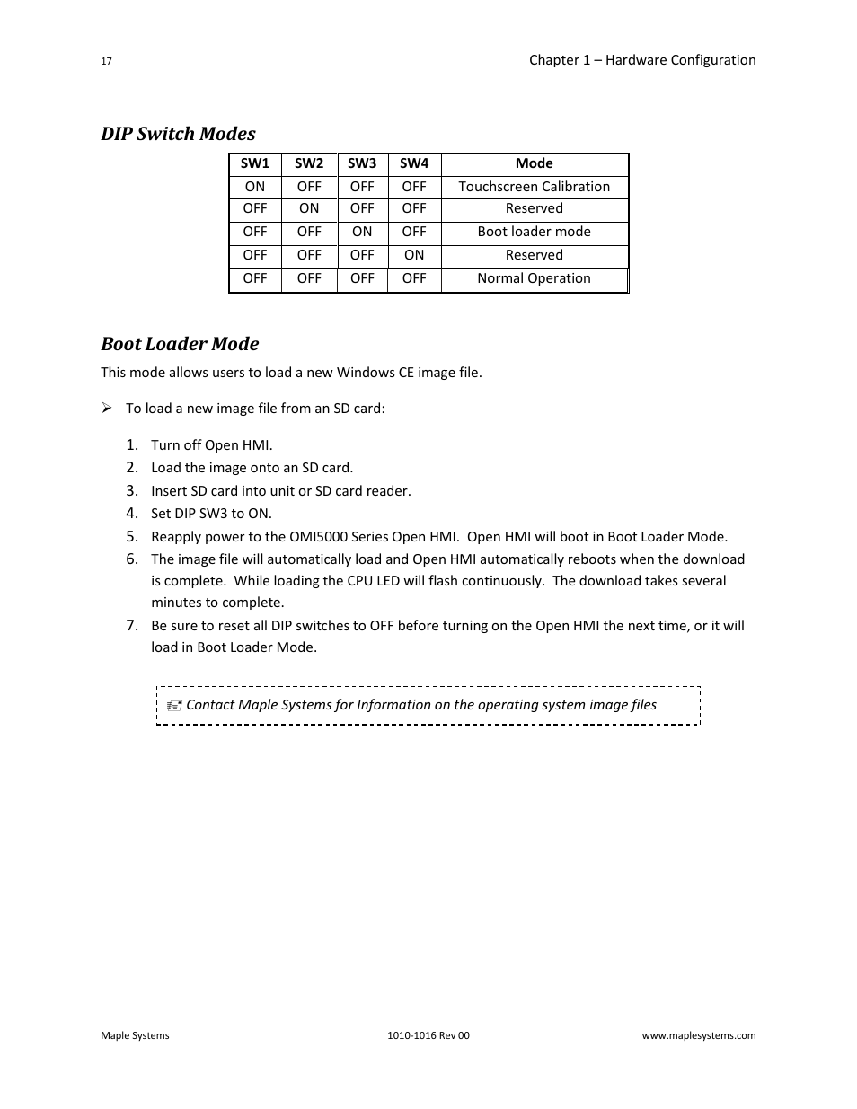 Dip switch modes, Boot loader mode | Maple Systems Windows CE Embedded 6.0 Professional Edition User Manual | Page 21 / 40