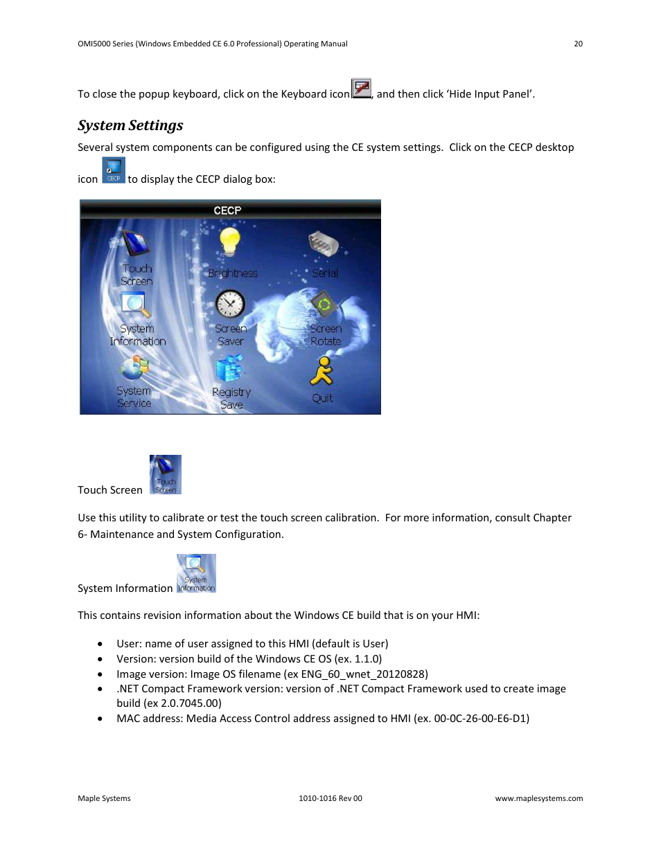 System settings | Maple Systems Windows CE Embedded 6.0 Professional Edition User Manual | Page 24 / 40