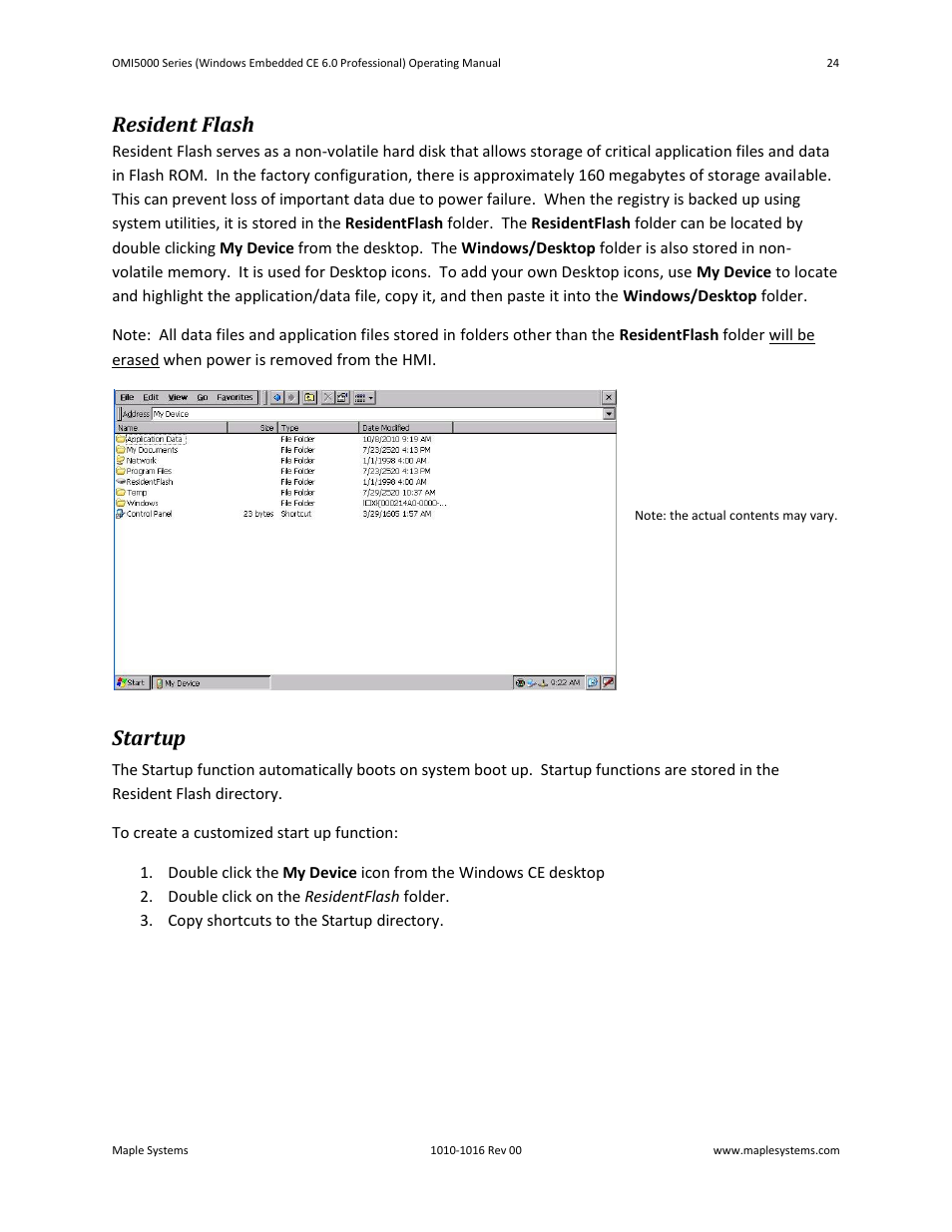 Resident flash, Startup | Maple Systems Windows CE Embedded 6.0 Professional Edition User Manual | Page 28 / 40