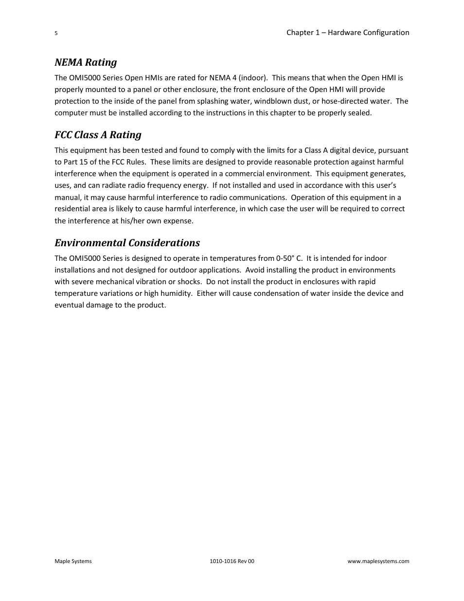 Nema rating, Fcc class a rating, Environmental considerations | Maple Systems Windows CE Embedded 6.0 Professional Edition User Manual | Page 9 / 40