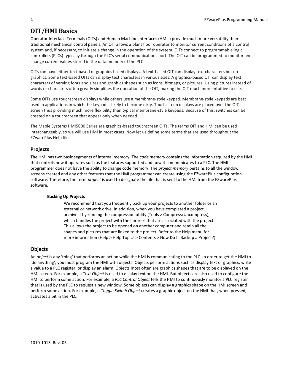 Oit/hmi basics, Projects, Backing up projects | Objects | Maple Systems 5000HD Series User Manual | Page 10 / 264