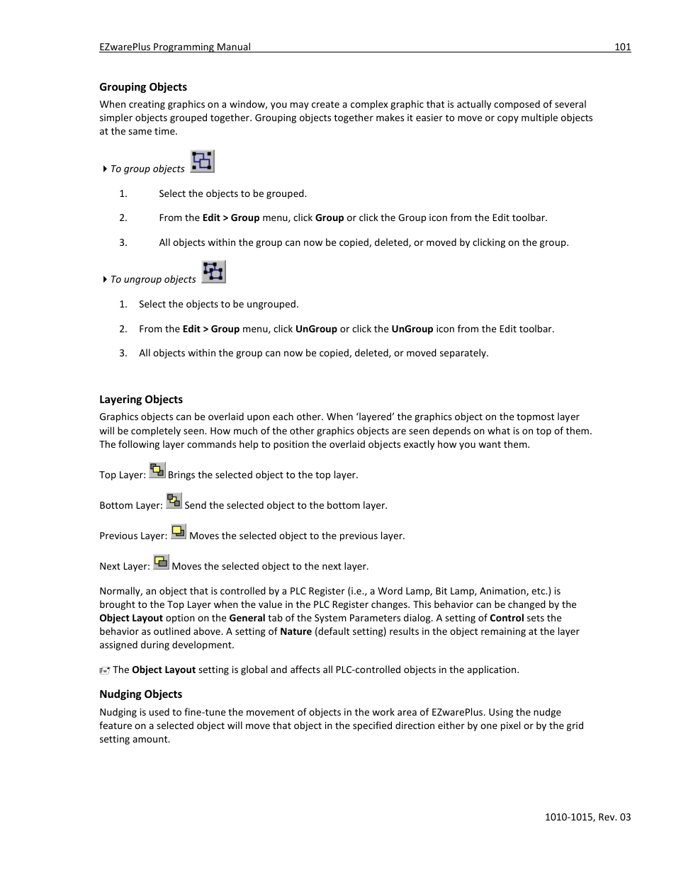 Grouping objects, Layering objects, Nudging objects | Maple Systems 5000HD Series User Manual | Page 107 / 264
