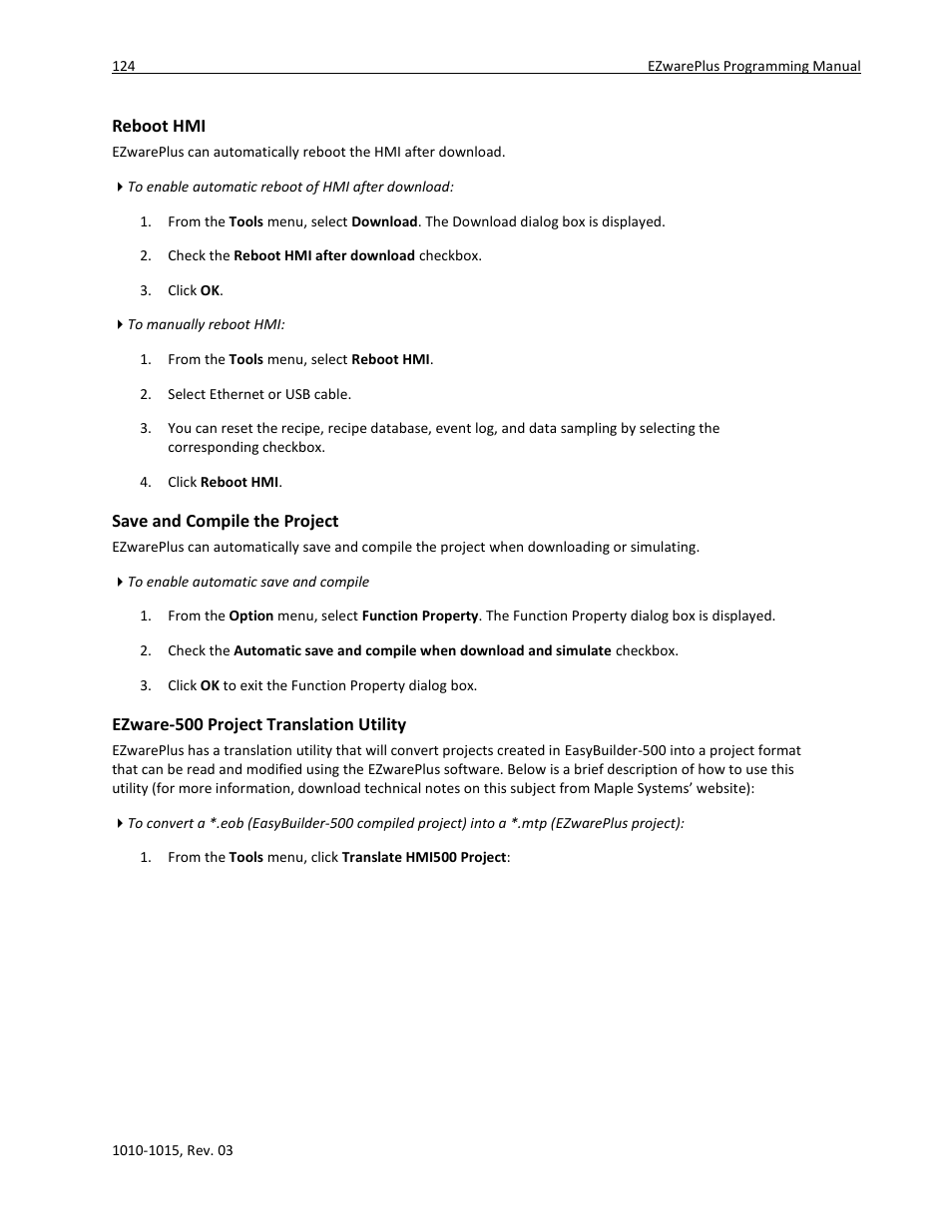 Reboot hmi, Save and compile the project, Ezware-500 project translation utility | Maple Systems 5000HD Series User Manual | Page 130 / 264