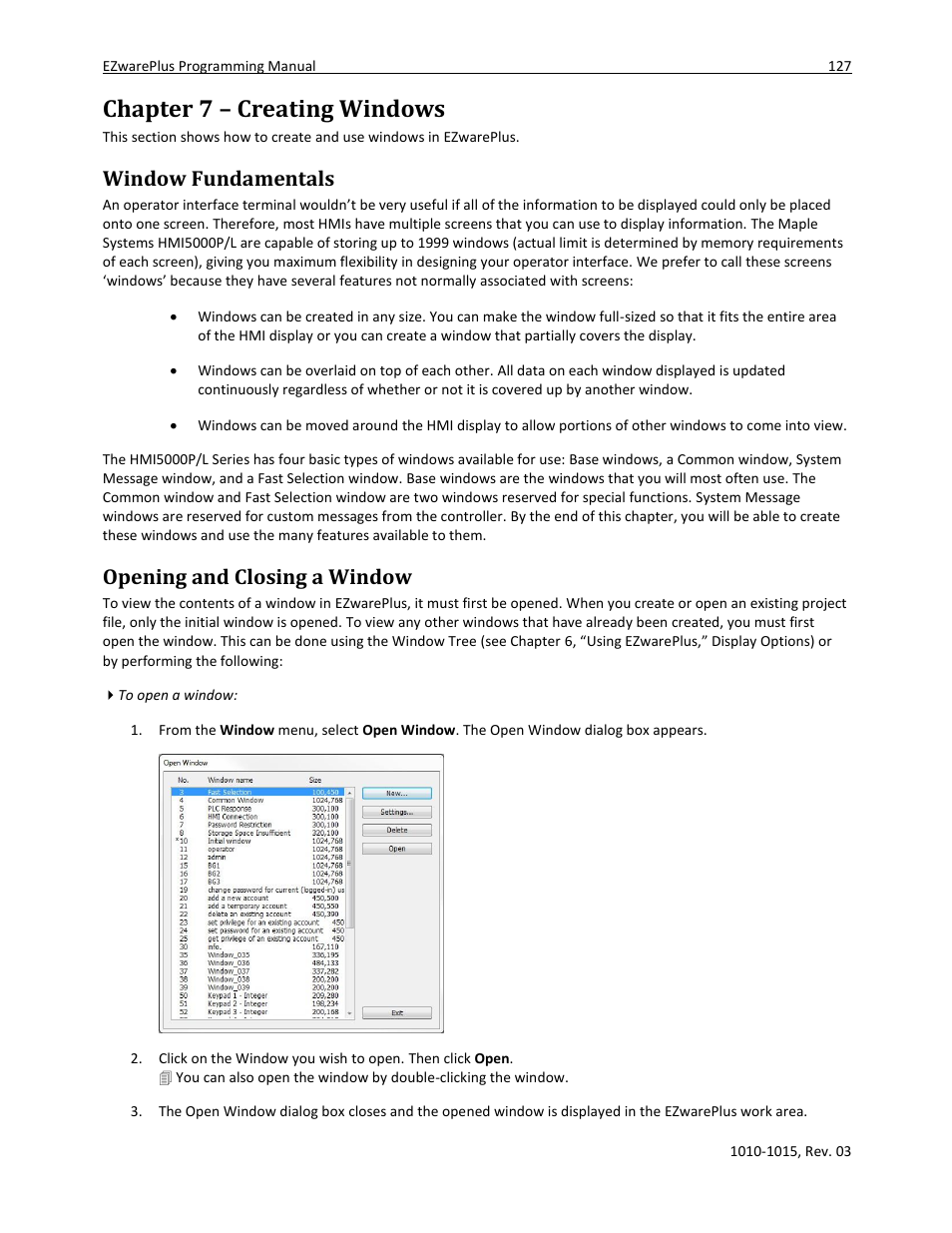 Chapter 7 – creating windows, Window fundamentals, Opening and closing a window | Maple Systems 5000HD Series User Manual | Page 133 / 264