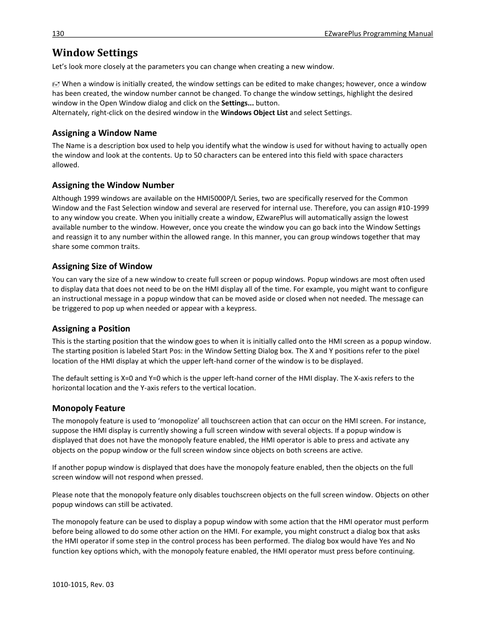 Window settings, Assigning a window name, Assigning the window number | Assigning size of window, Assigning a position, Monopoly feature, Assigning underlay windows | Maple Systems 5000HD Series User Manual | Page 136 / 264