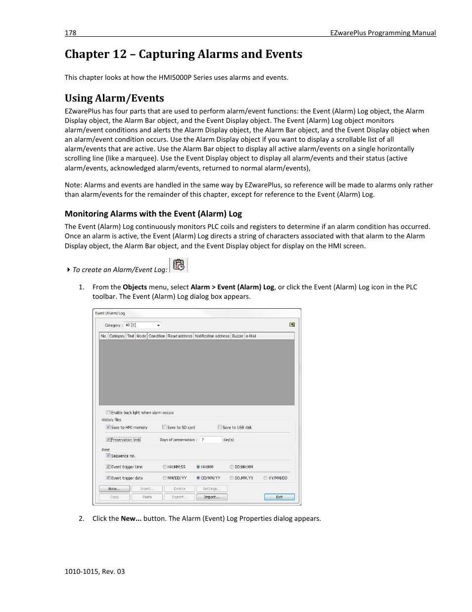 Chapter 12 – capturing alarms and events, Using alarm/events, Monitoring alarms with the event (alarm) log | Maple Systems 5000HD Series User Manual | Page 184 / 264
