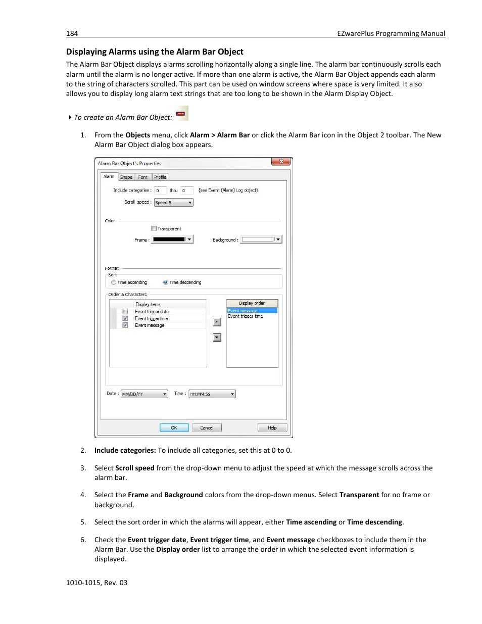 Displaying alarms using the alarm bar object | Maple Systems 5000HD Series User Manual | Page 190 / 264