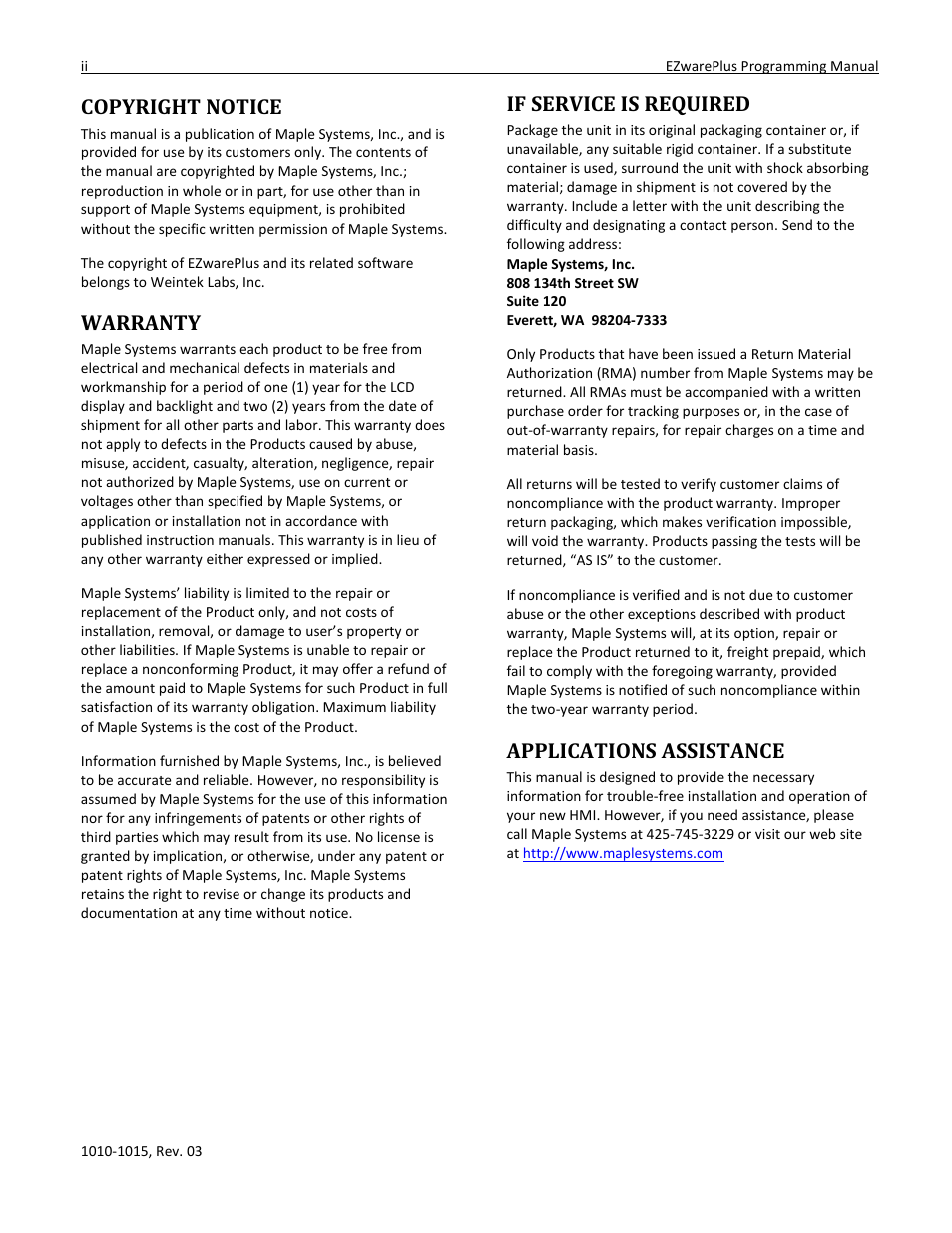 Copyright notice, Warranty, If service is required | Applications assistance | Maple Systems 5000HD Series User Manual | Page 2 / 264