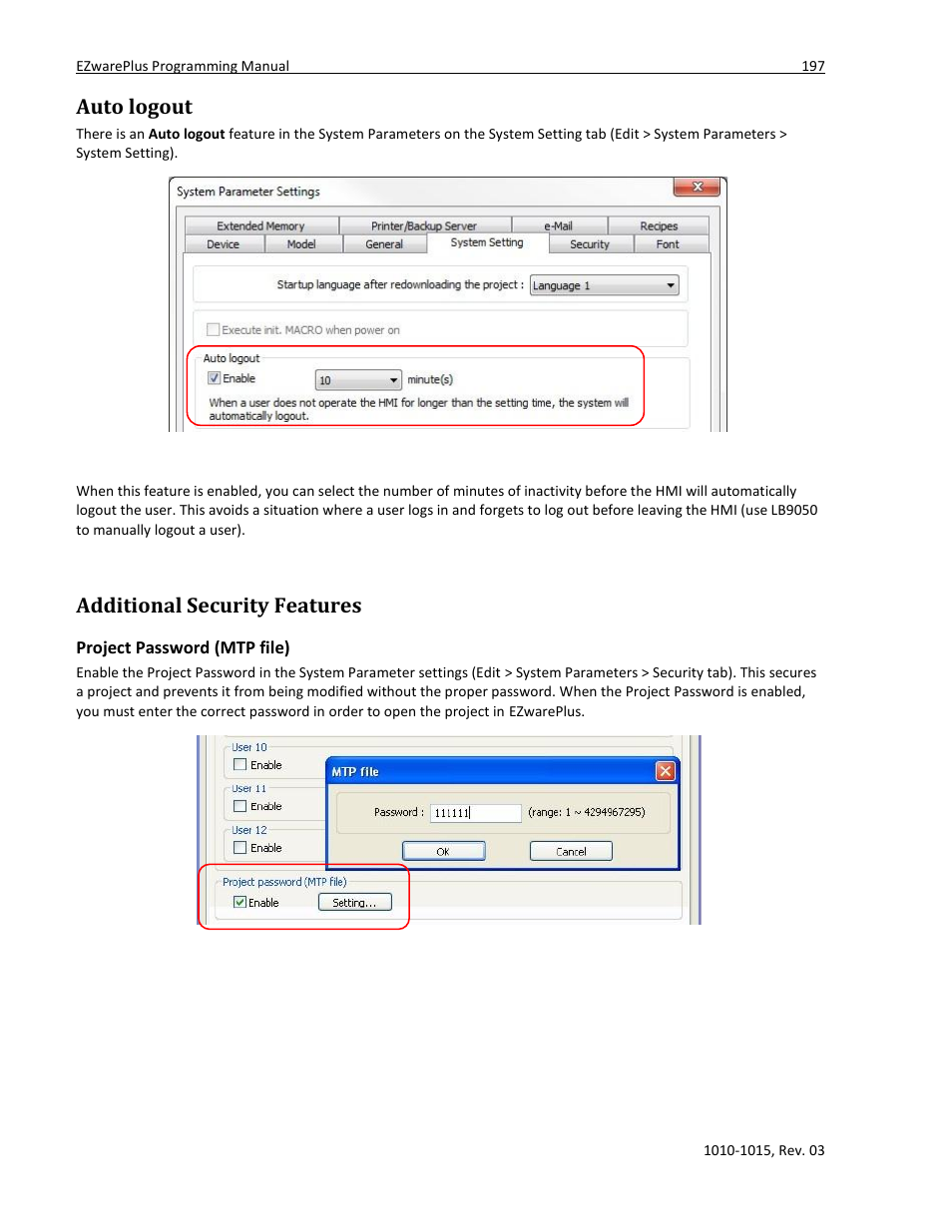 Auto logout, Additional security features, Project password (mtp file) | Project protection | Maple Systems 5000HD Series User Manual | Page 203 / 264