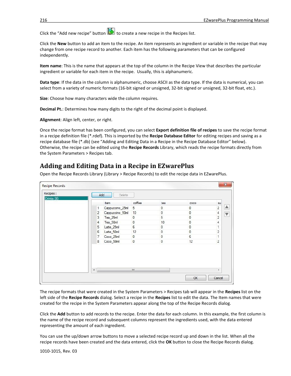 Adding and editing data in a recipe in ezwareplus | Maple Systems 5000HD Series User Manual | Page 222 / 264