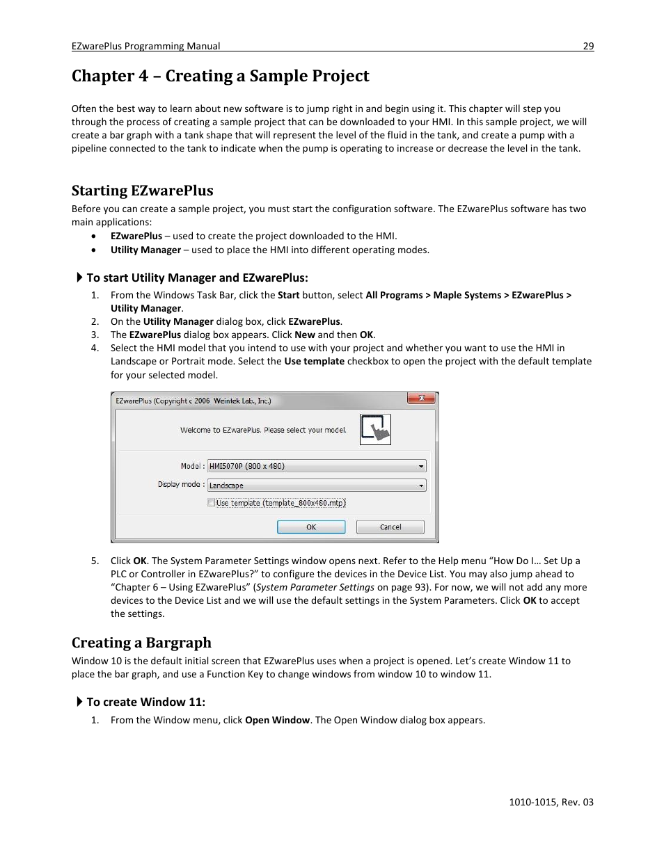 Chapter 4 – creating a sample project, Starting ezwareplus, To start utility manager and ezwareplus | Creating a bargraph, To create window 11 | Maple Systems 5000HD Series User Manual | Page 35 / 264