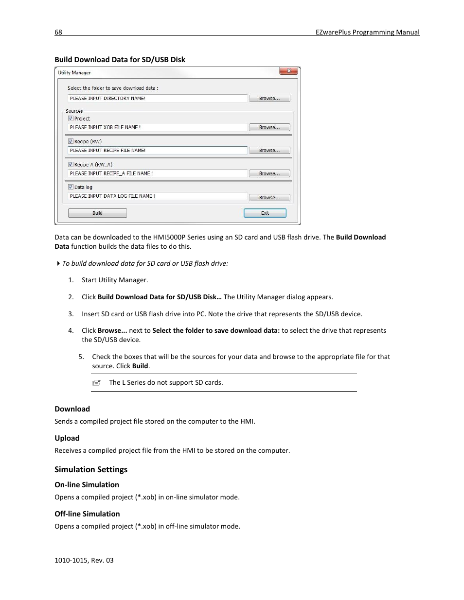 Build download data for sd/usb disk, Download, Upload | Simulation settings, On-line simulation, Off-line simulation | Maple Systems 5000HD Series User Manual | Page 74 / 264