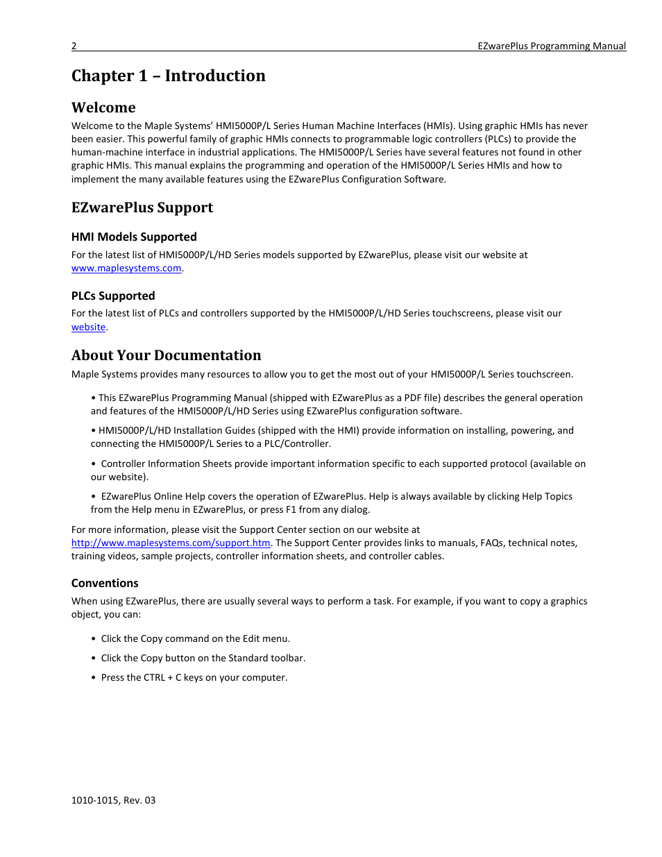Chapter 1 – introduction, Welcome, Ezwareplus support | Hmi models supported, Plcs supported, About your documentation, Conventions | Maple Systems 5000HD Series User Manual | Page 8 / 264