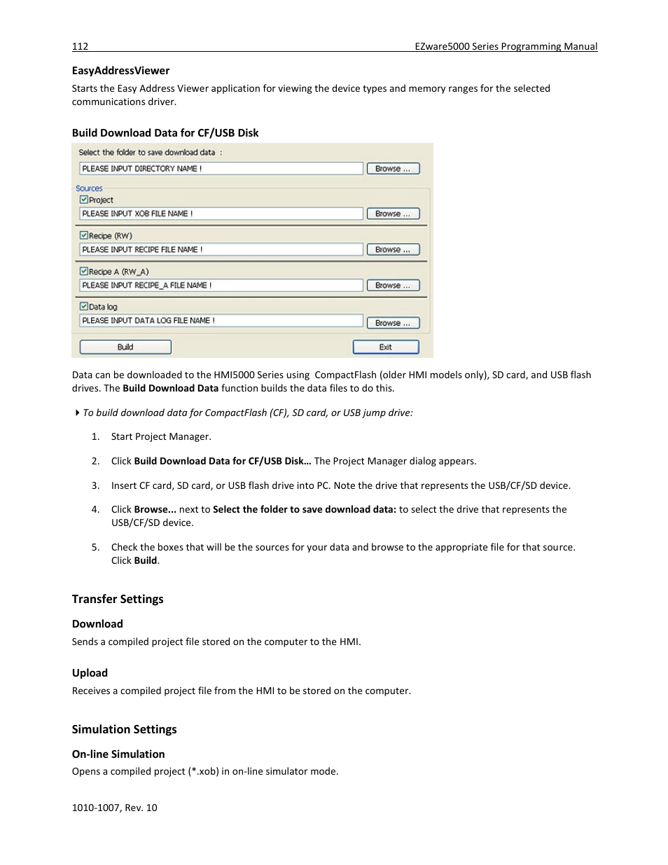 Easyaddressviewer, Build download data for cf/usb disk, Transfer settings | Download, Upload, Simulation settings, On-line simulation | Maple Systems HMI5000 Series User Manual | Page 118 / 202