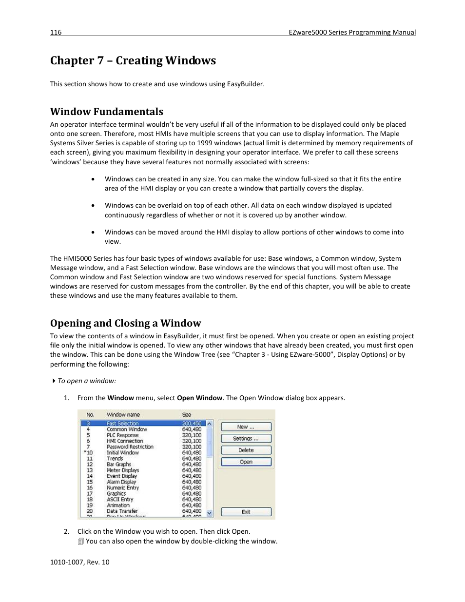 Chapter 7 – creating windows, Window fundamentals, Opening and closing a window | Maple Systems HMI5000 Series User Manual | Page 122 / 202