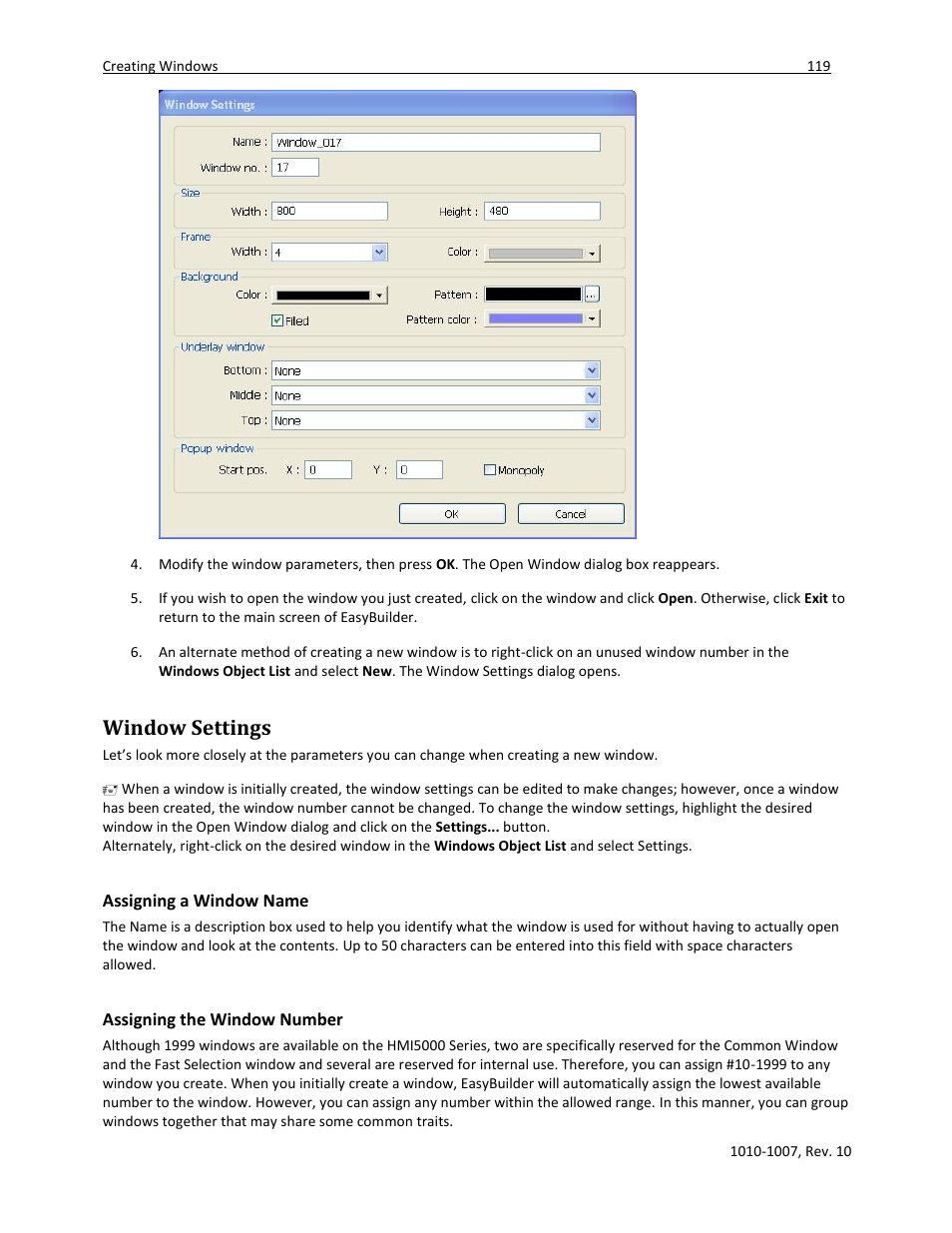 Window settings, Assigning a window name, Assigning the window number | Maple Systems HMI5000 Series User Manual | Page 125 / 202