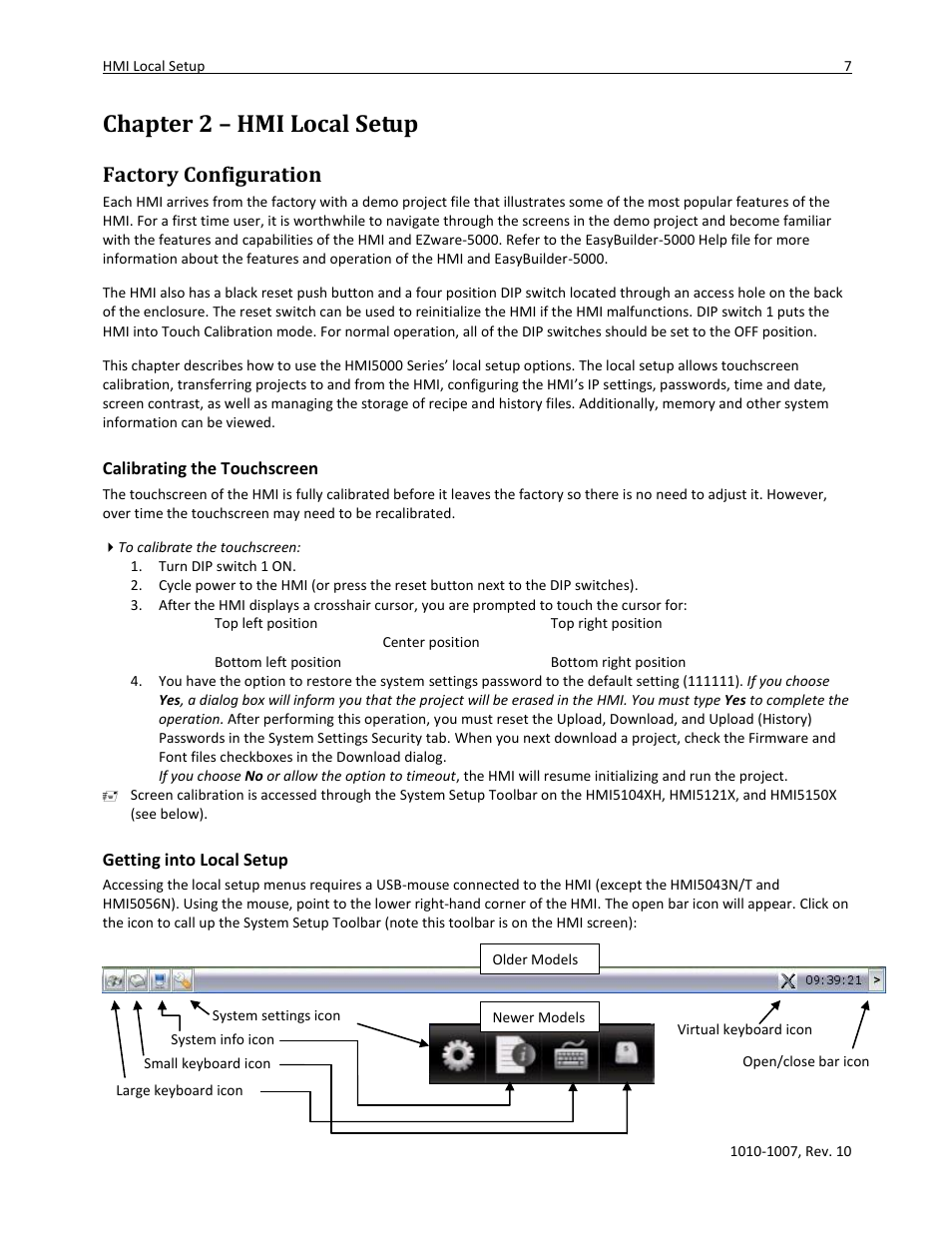 Chapter 2 – hmi local setup, Factory configuration, Calibrating the touchscreen | Getting into local setup | Maple Systems HMI5000 Series User Manual | Page 13 / 202