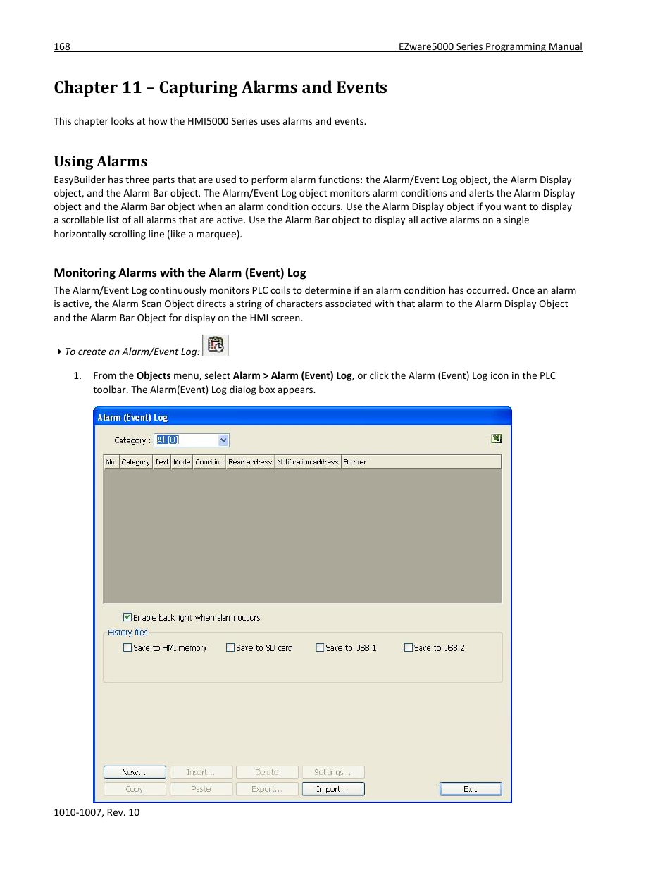 Chapter 11 – capturing alarms and events, Using alarms, Monitoring alarms with the alarm (event) log | Maple Systems HMI5000 Series User Manual | Page 174 / 202
