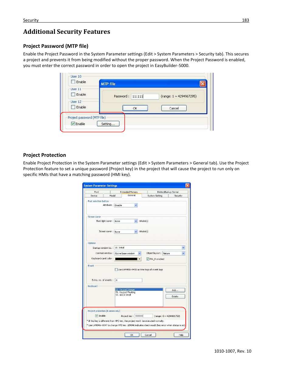 Additional security features, Project password (mtp file), Project protection | Maple Systems HMI5000 Series User Manual | Page 189 / 202