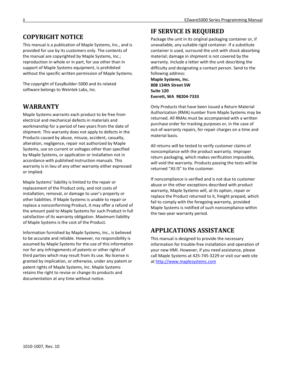 Copyright notice, Warranty, If service is required | Applications assistance | Maple Systems HMI5000 Series User Manual | Page 2 / 202