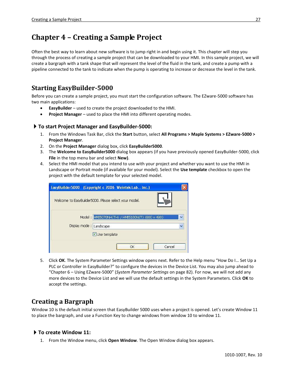 Chapter 4 – creating a sample project, Starting easybuilder-5000, To start project manager and easybuilder-5000 | Creating a bargraph, To create window 11 | Maple Systems HMI5000 Series User Manual | Page 33 / 202
