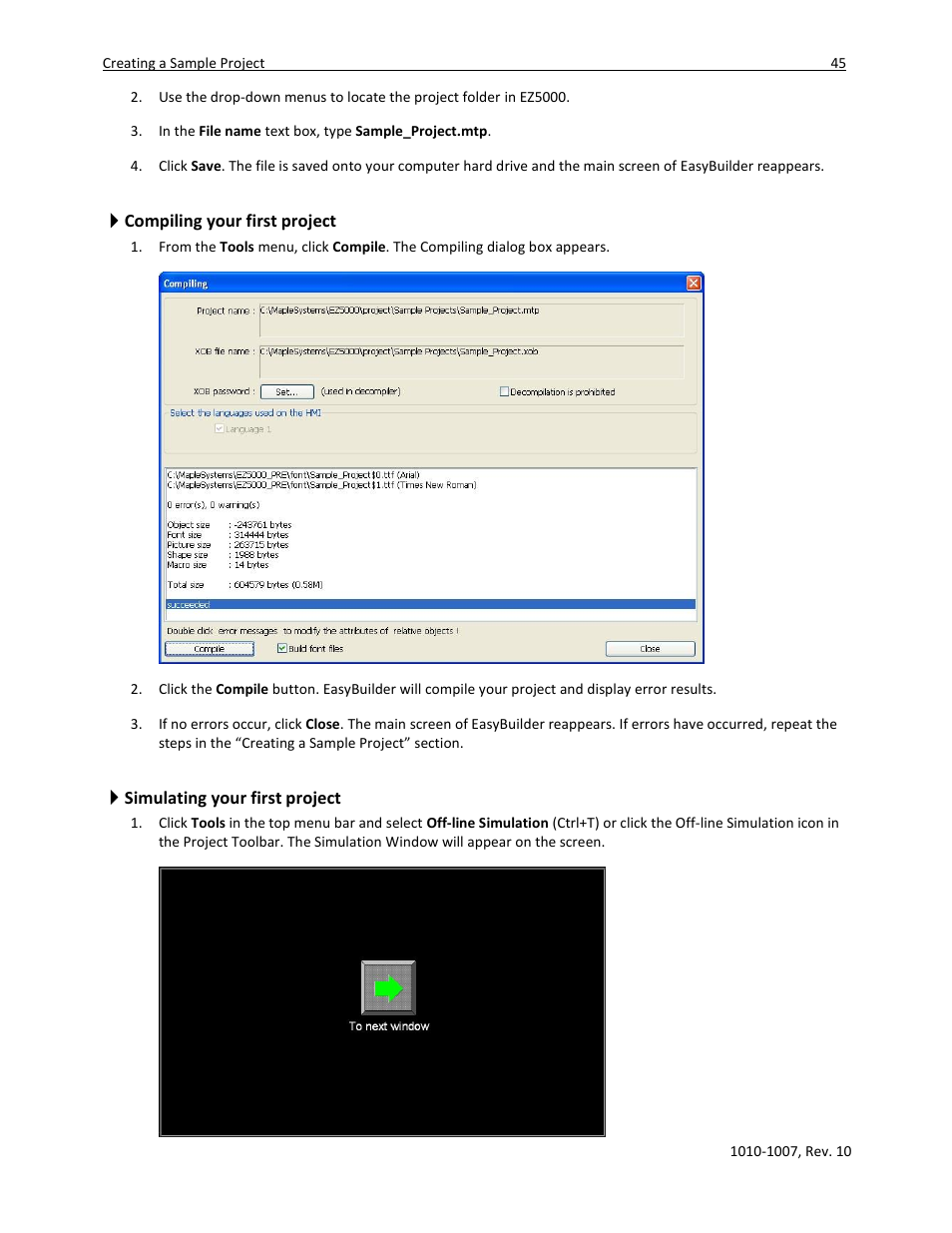Compiling your first project, Simulating your first project | Maple Systems HMI5000 Series User Manual | Page 51 / 202