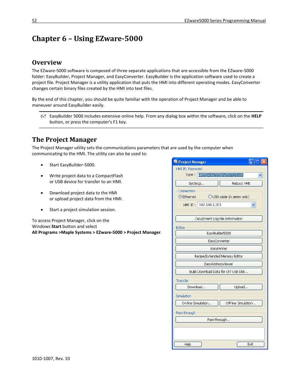 Chapter 6 – using ezware-5000, Overview, The project manager | Maple Systems HMI5000 Series User Manual | Page 58 / 202