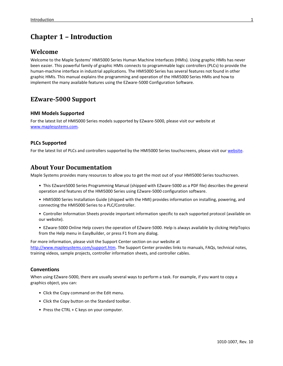 Chapter 1 – introduction, Welcome, Ezware-5000 support | Hmi models supported, Plcs supported, About your documentation, Conventions | Maple Systems HMI5000 Series User Manual | Page 7 / 202