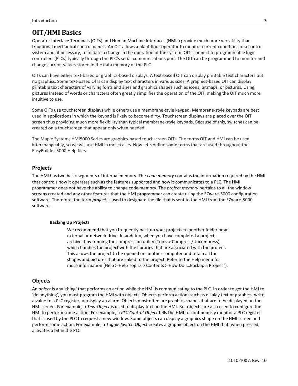 Oit/hmi basics, Projects, Backing up projects | Objects | Maple Systems HMI5000 Series User Manual | Page 9 / 202