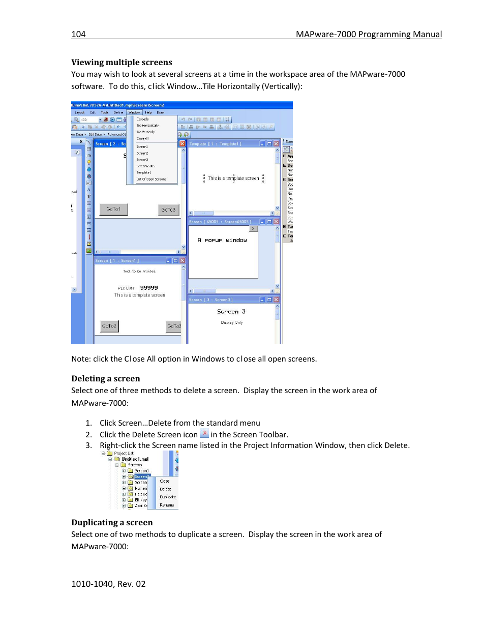 Viewing multiple screens, Deleting a screen, Duplicating a screen | Maple Systems MAPware-7000 User Manual | Page 104 / 336