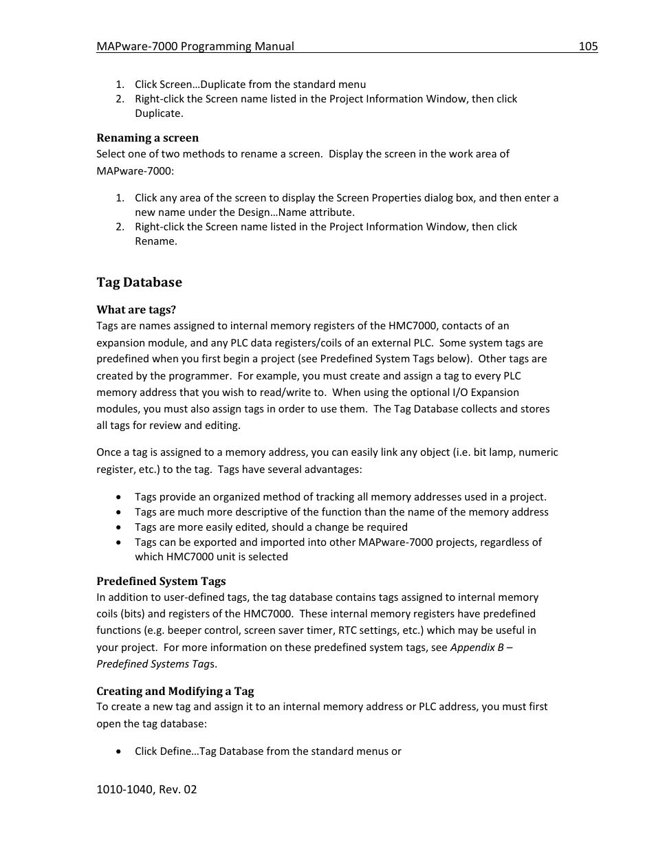 Renaming a screen, Tag database, What are tags | Predefined system tags, Creating and modifying a tag | Maple Systems MAPware-7000 User Manual | Page 105 / 336