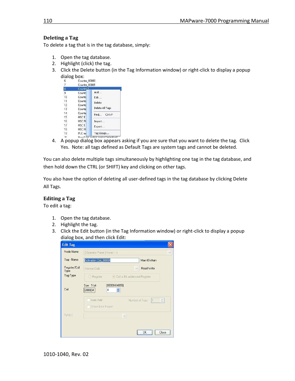 Deleting a tag, Editing a tag | Maple Systems MAPware-7000 User Manual | Page 110 / 336