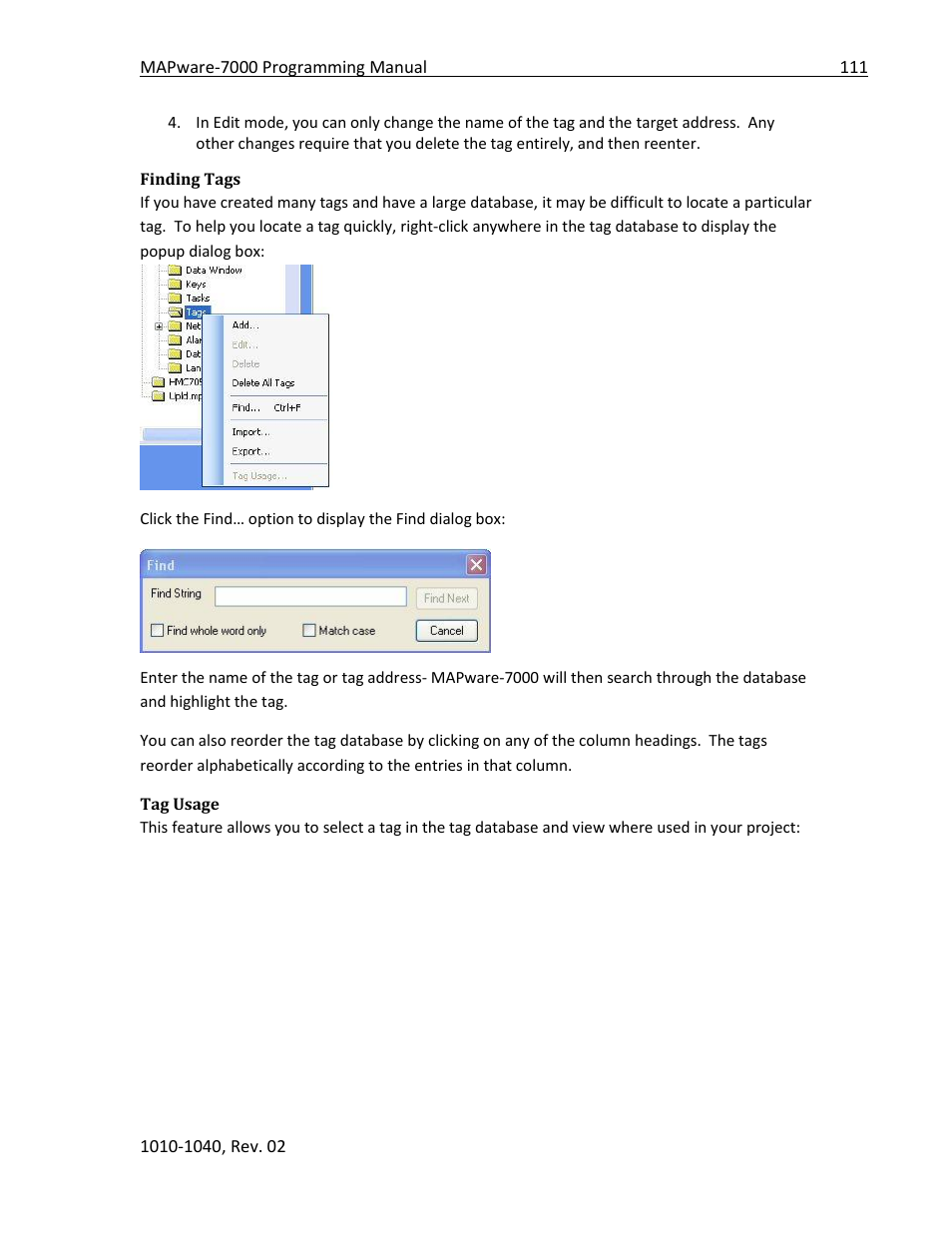 Finding tags, Tag usage | Maple Systems MAPware-7000 User Manual | Page 111 / 336