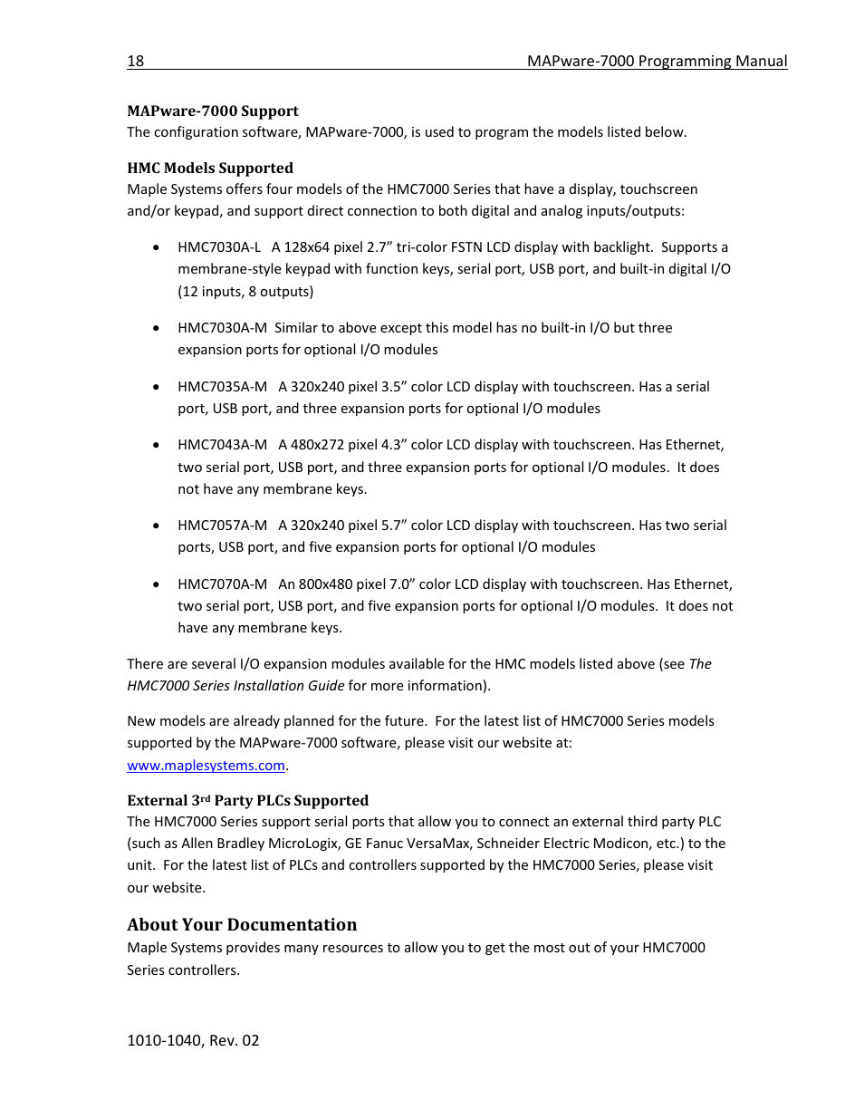 Mapware-7000 support, Hmc models supported, External 3 | Party plcs supported, About your documentation | Maple Systems MAPware-7000 User Manual | Page 18 / 336