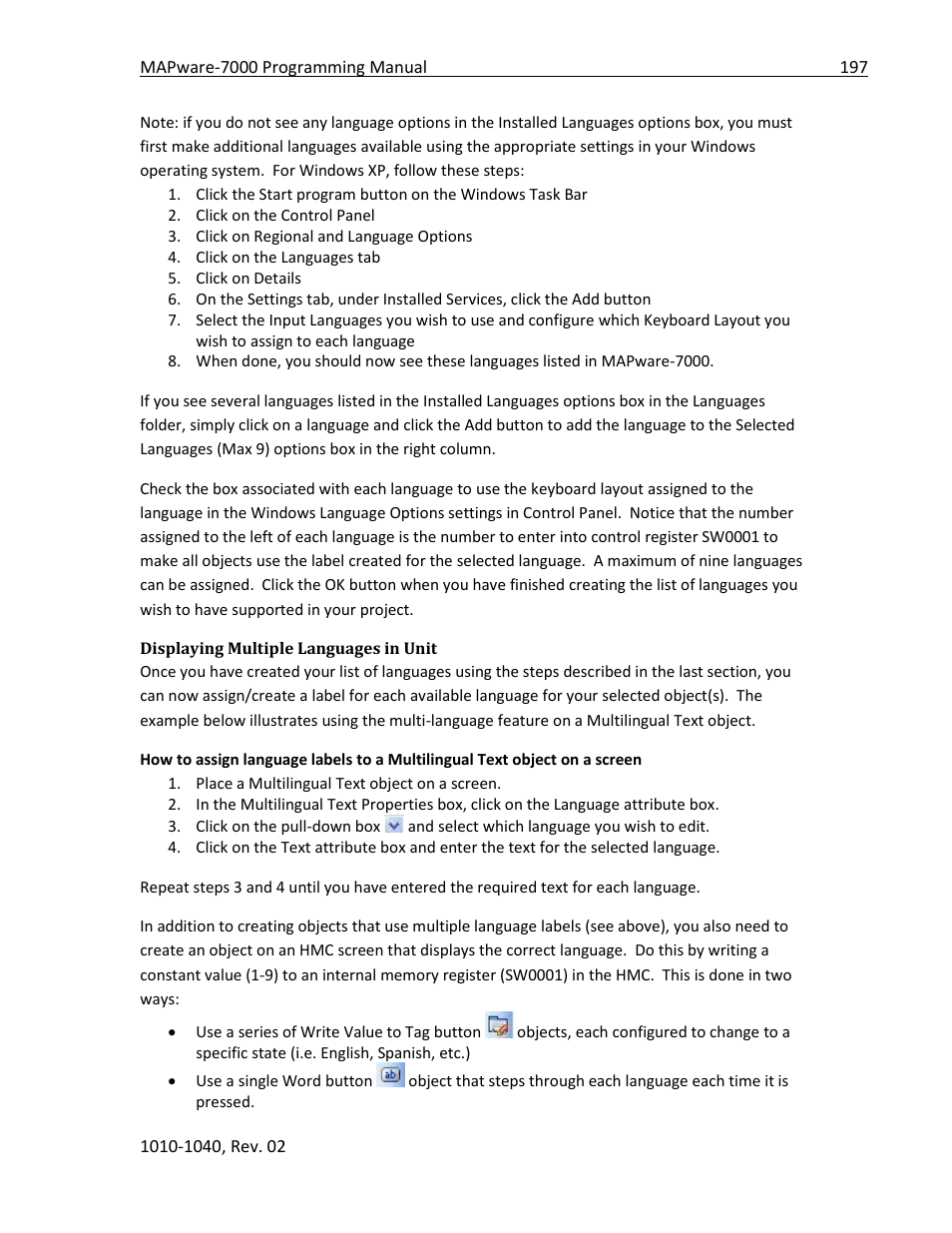 Displaying multiple languages in unit | Maple Systems MAPware-7000 User Manual | Page 197 / 336