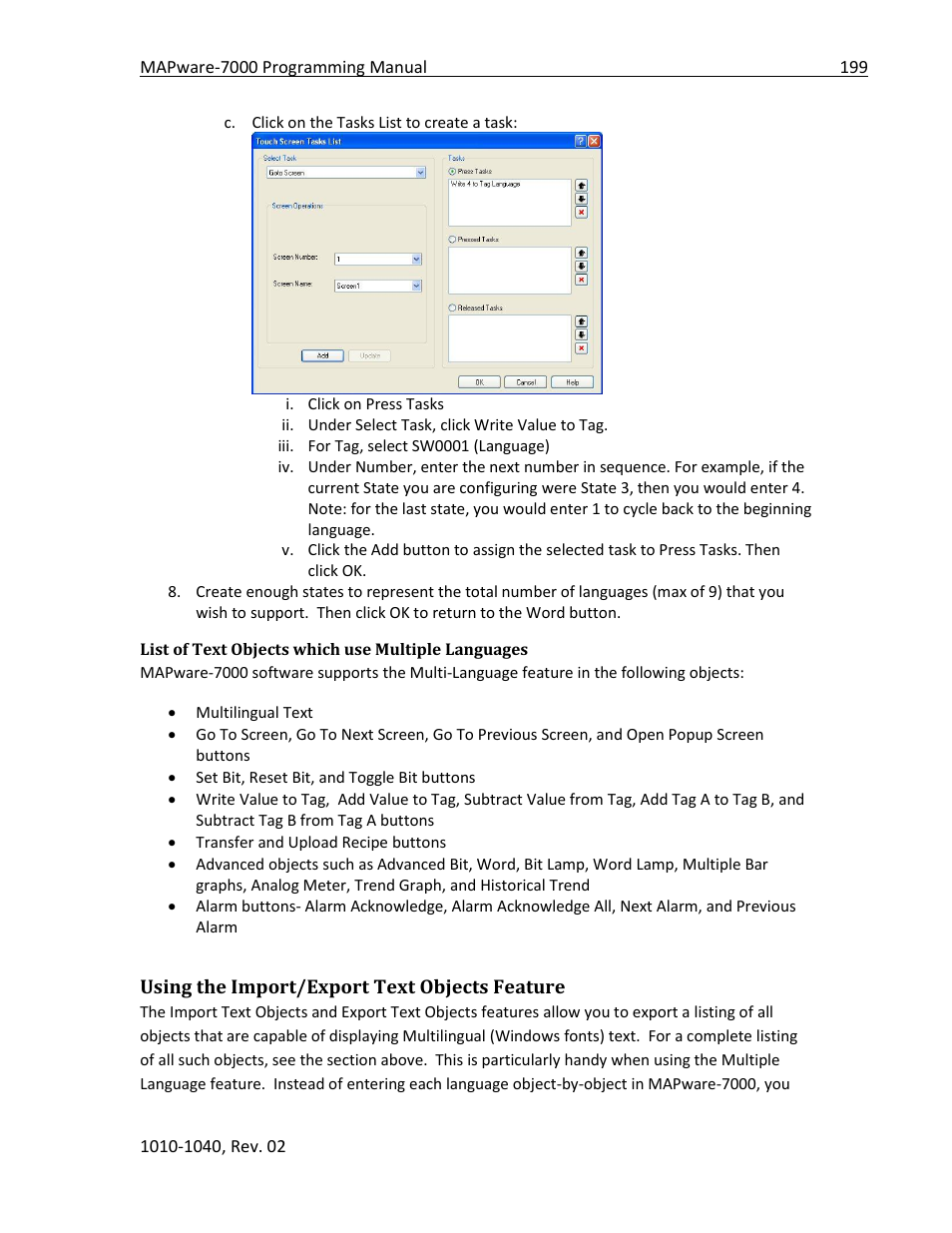 List of text objects which use multiple languages, Using the import/export text objects feature | Maple Systems MAPware-7000 User Manual | Page 199 / 336