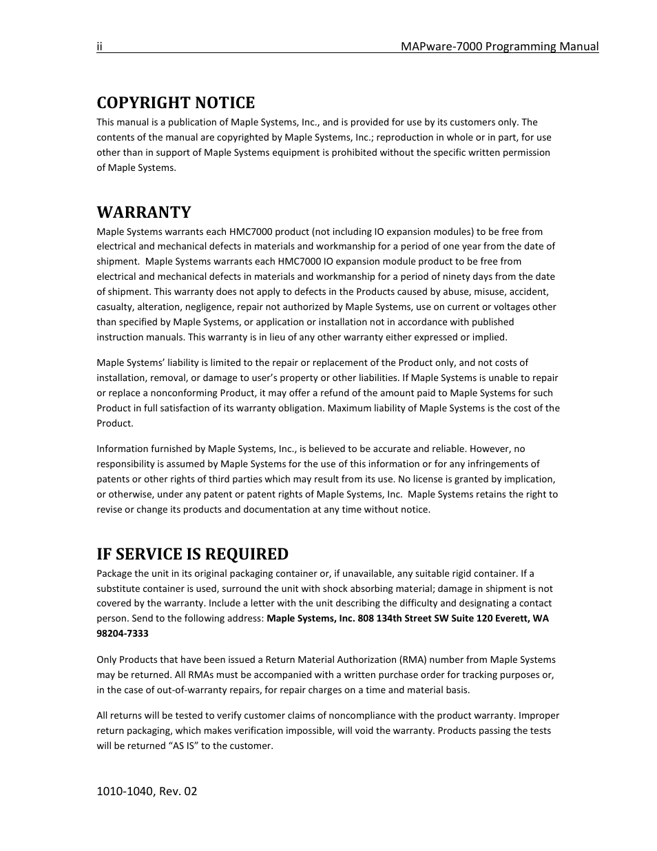 Copyright notice, Warranty, If service is required | Maple Systems MAPware-7000 User Manual | Page 2 / 336