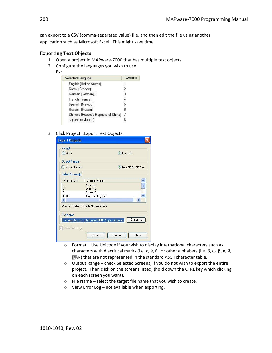 Exporting text objects | Maple Systems MAPware-7000 User Manual | Page 200 / 336