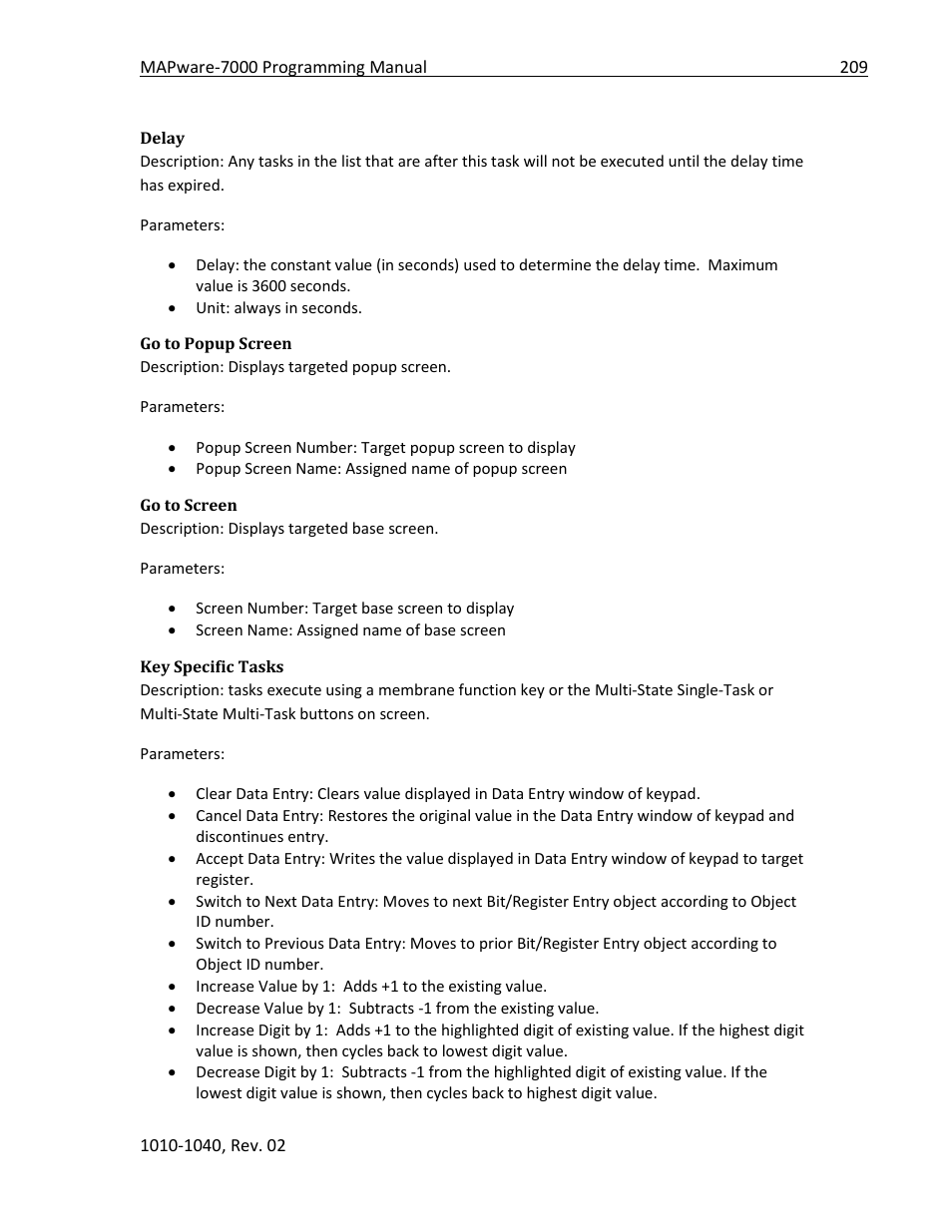 Delay, Go to popup screen, Go to screen | Key specific tasks | Maple Systems MAPware-7000 User Manual | Page 209 / 336