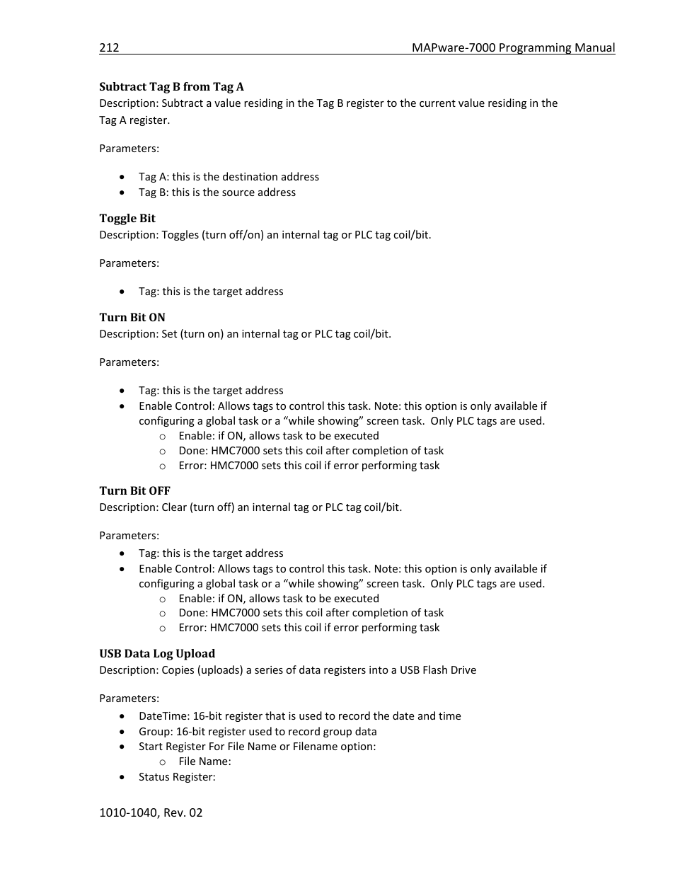 Subtract tag b from tag a, Toggle bit, Turn bit on | Turn bit off, Usb data log upload | Maple Systems MAPware-7000 User Manual | Page 212 / 336