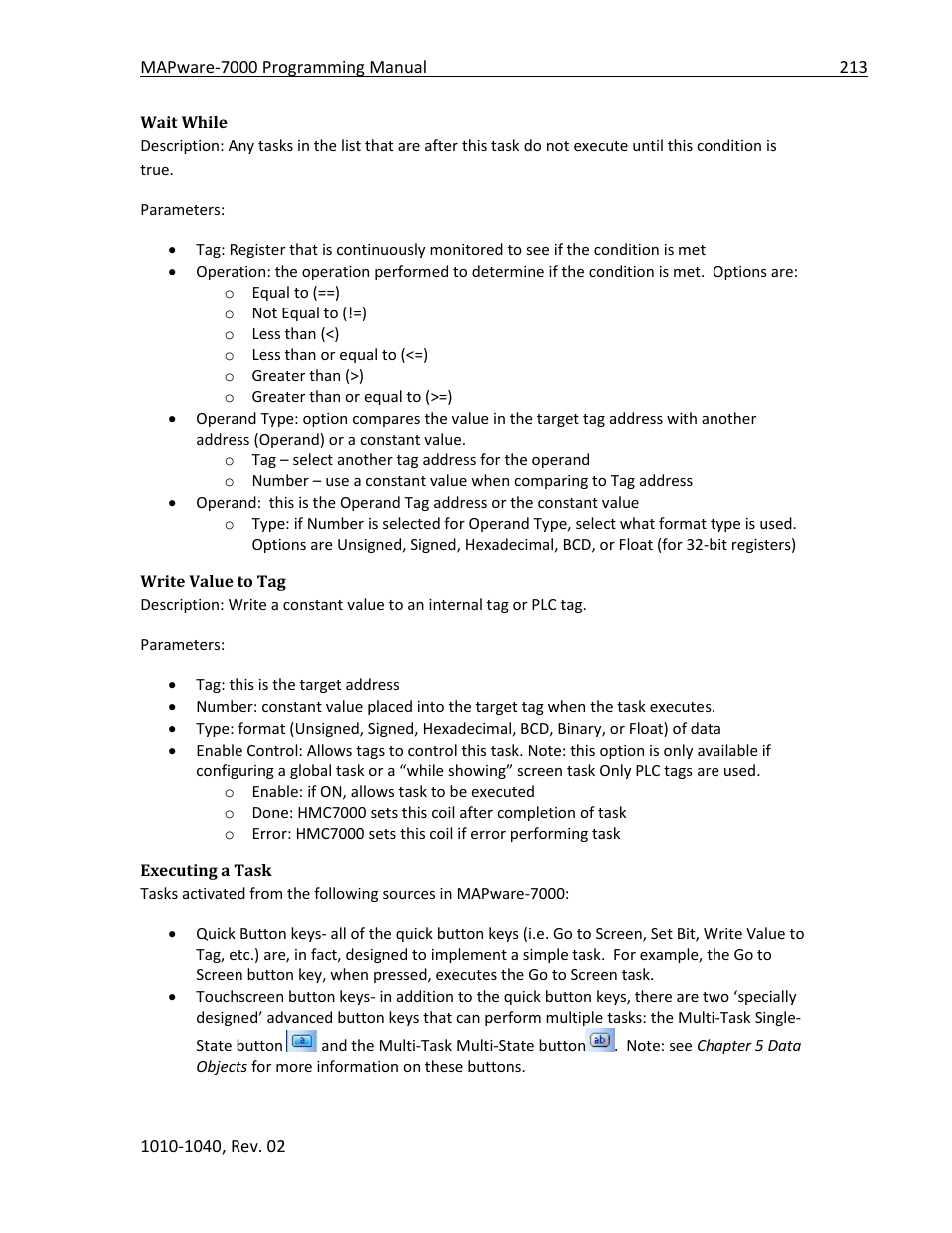 Wait while, Write value to tag, Executing a task | Maple Systems MAPware-7000 User Manual | Page 213 / 336