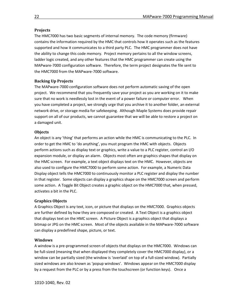 Projects, Backing up projects, Objects | Graphics objects, Windows | Maple Systems MAPware-7000 User Manual | Page 22 / 336