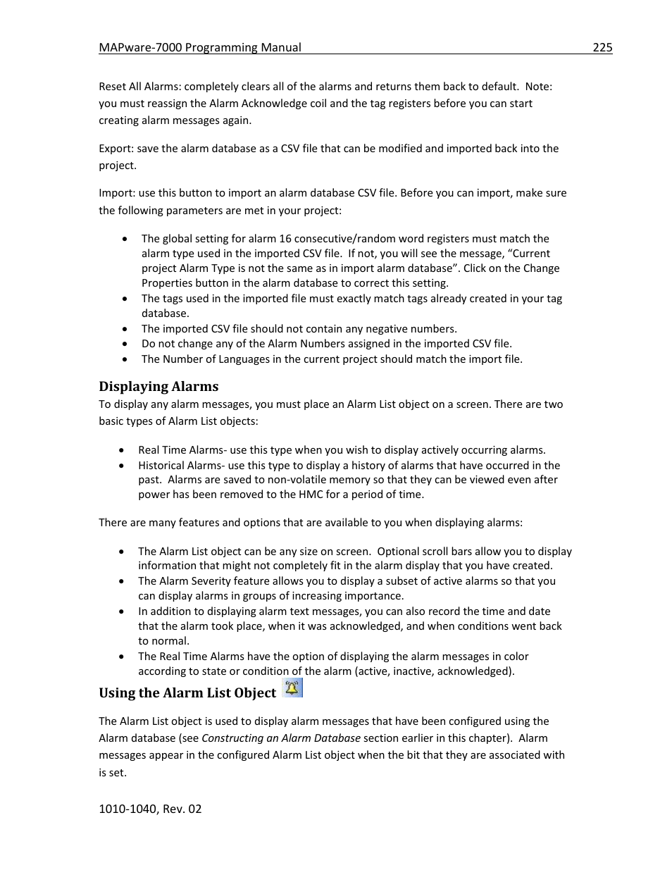 Displaying alarms, Using the alarm list object | Maple Systems MAPware-7000 User Manual | Page 225 / 336